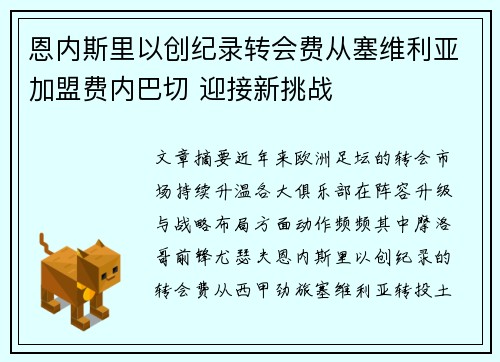 恩内斯里以创纪录转会费从塞维利亚加盟费内巴切 迎接新挑战